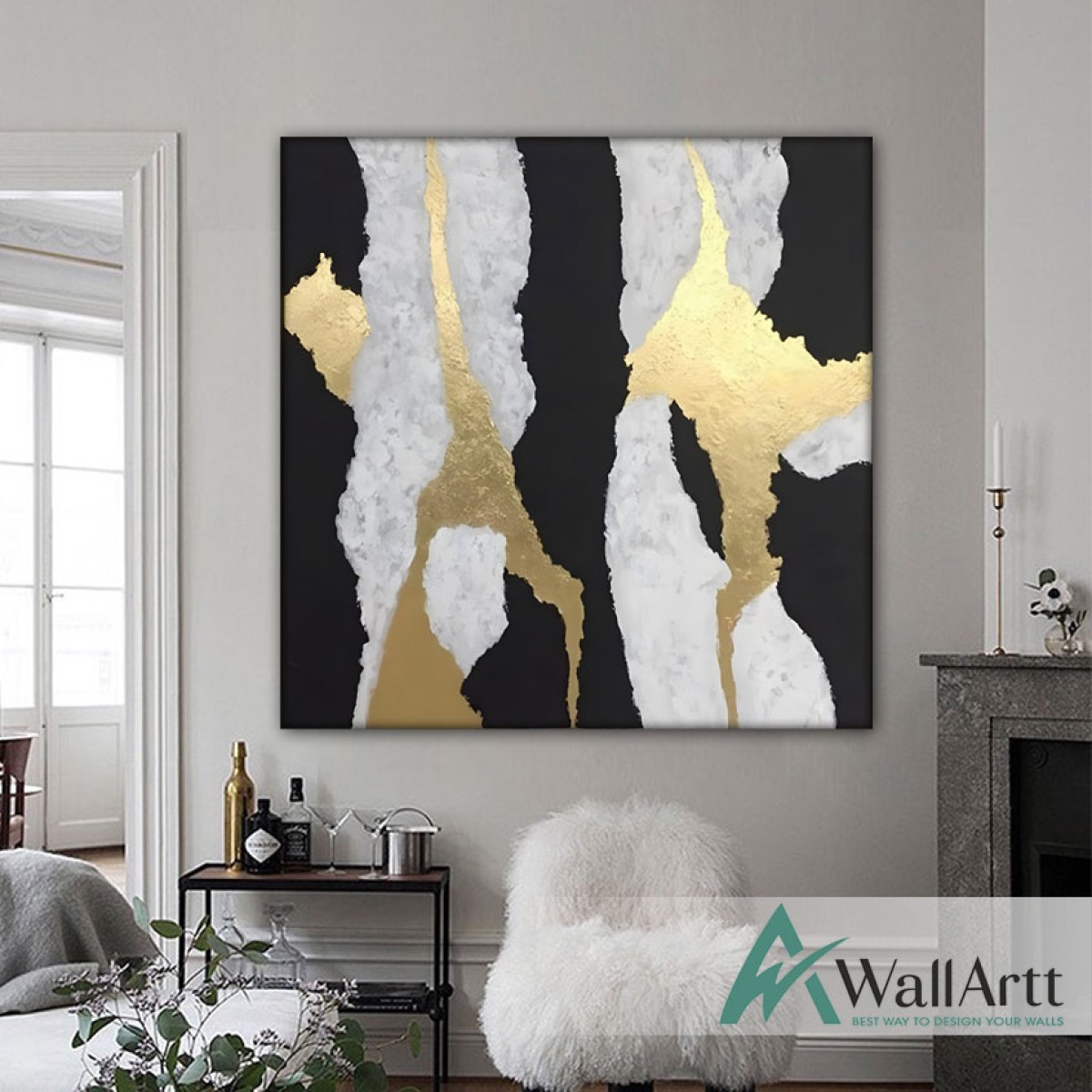 Gold Foil on Black Textured Partial Oil Painting - Wall Art